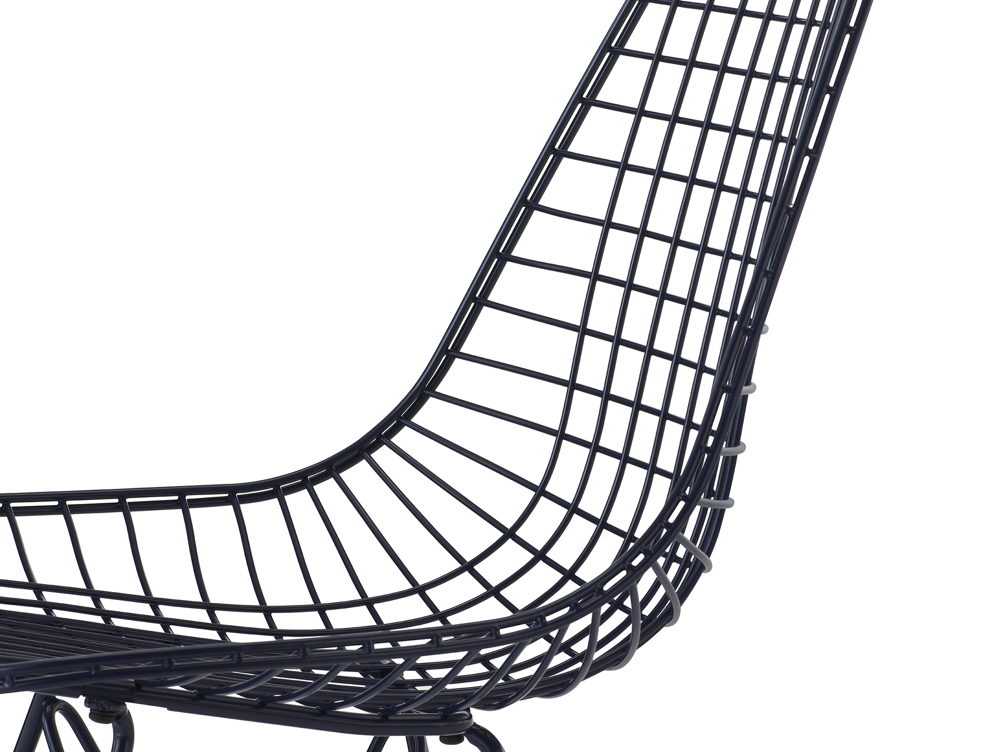 Bottom detail view of black blue wire chair with wire base